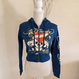 Ed Hardy Love Kills Slowly Blue Zip Up Cropped Hoodie Size Medium NWT Y2K